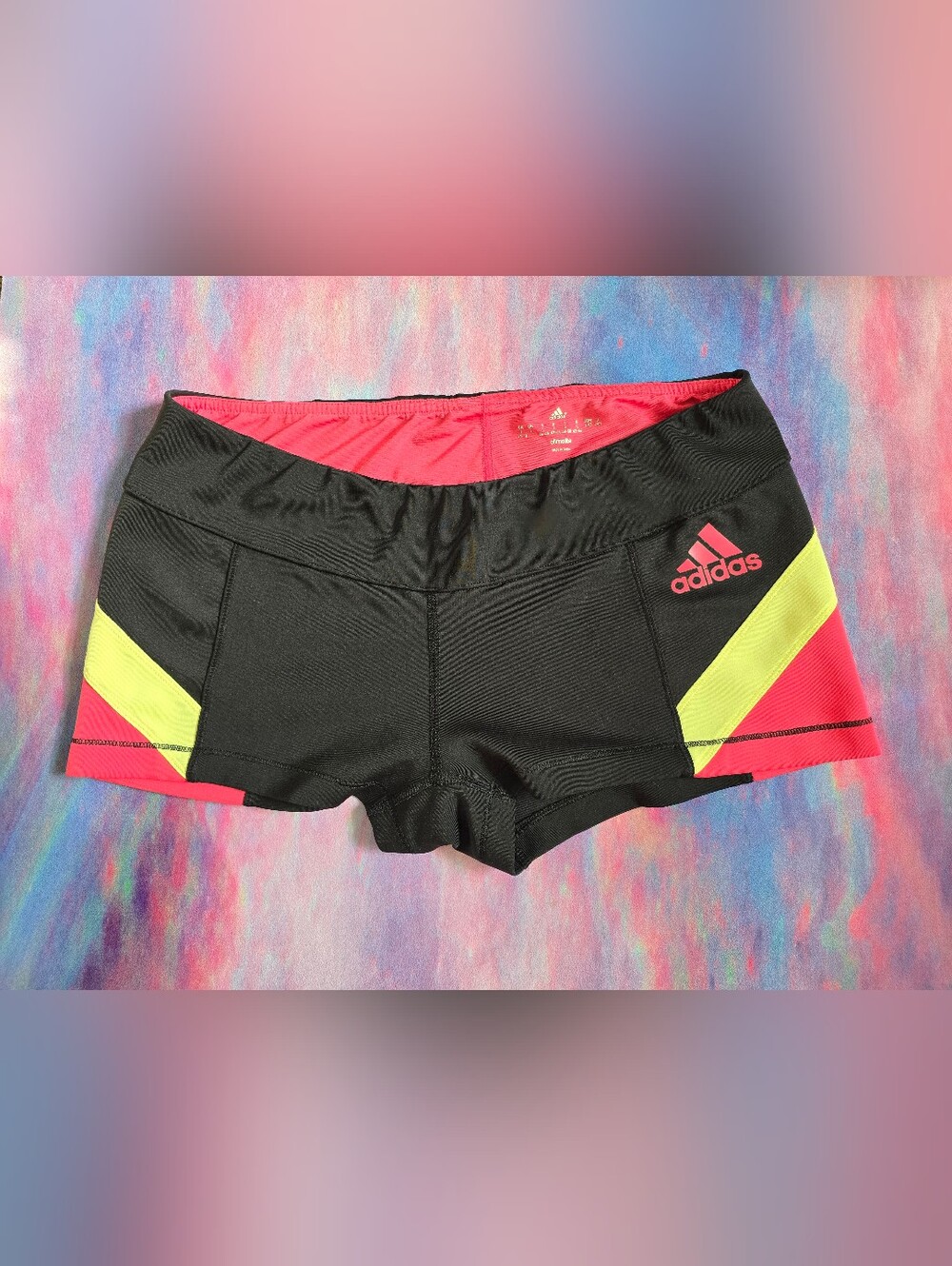 Adidas Black Shorts with Pink and Neon Yellow Accents